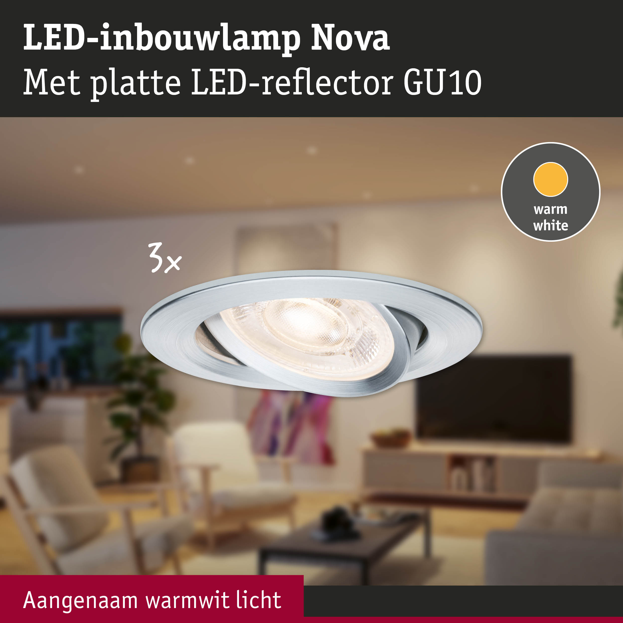 LED-inbouwlamp Nova met platte LED-reflector GU10 in zilver, warm wit licht voor woonkamers