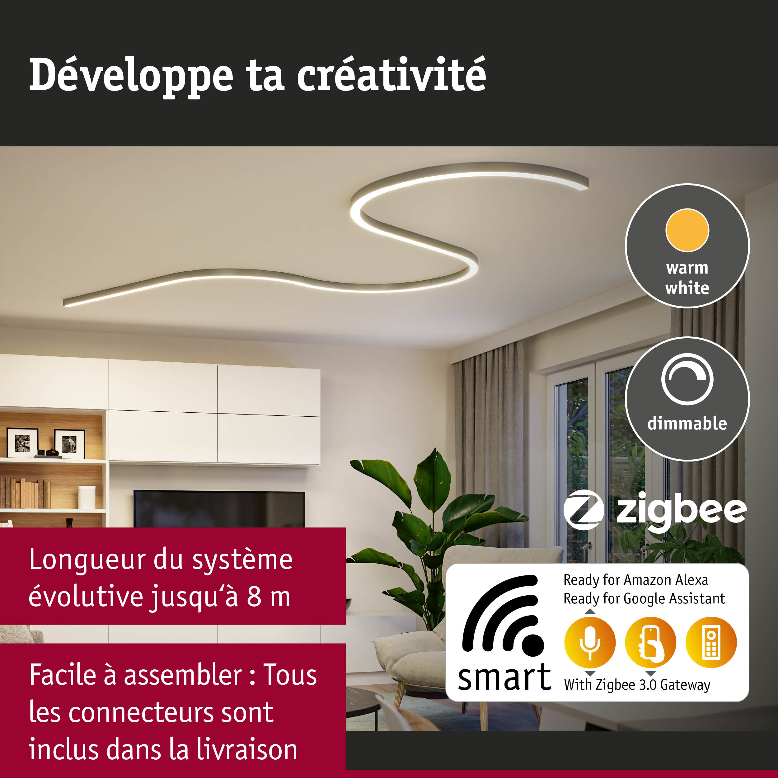 Plafonnier LED moderne dimmable blanc chaud avec contrôle domotique Zigbee dans un salon