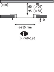 Technische Zeichnung mit Maßen für runden Einbaustrahler Ø215 mm, Einbautiefe 10 mm, Ausschnitt Ø90 mm