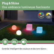 Lumières LED Plug & Shine colorées en forme de sphère et cube sur pelouse avec RGBW et blanc réglable