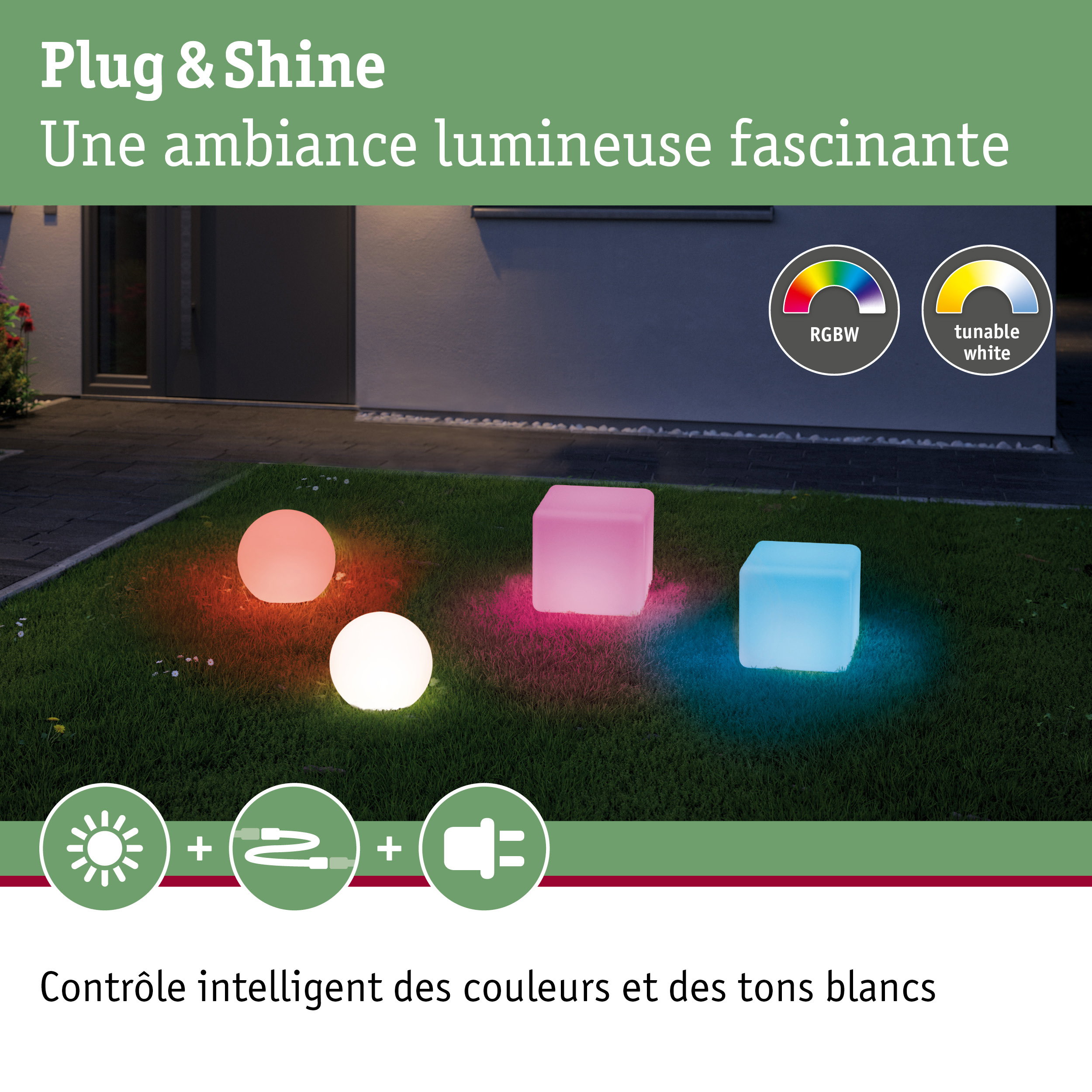Lumières LED Plug & Shine colorées en forme de sphère et cube sur pelouse avec RGBW et blanc réglable