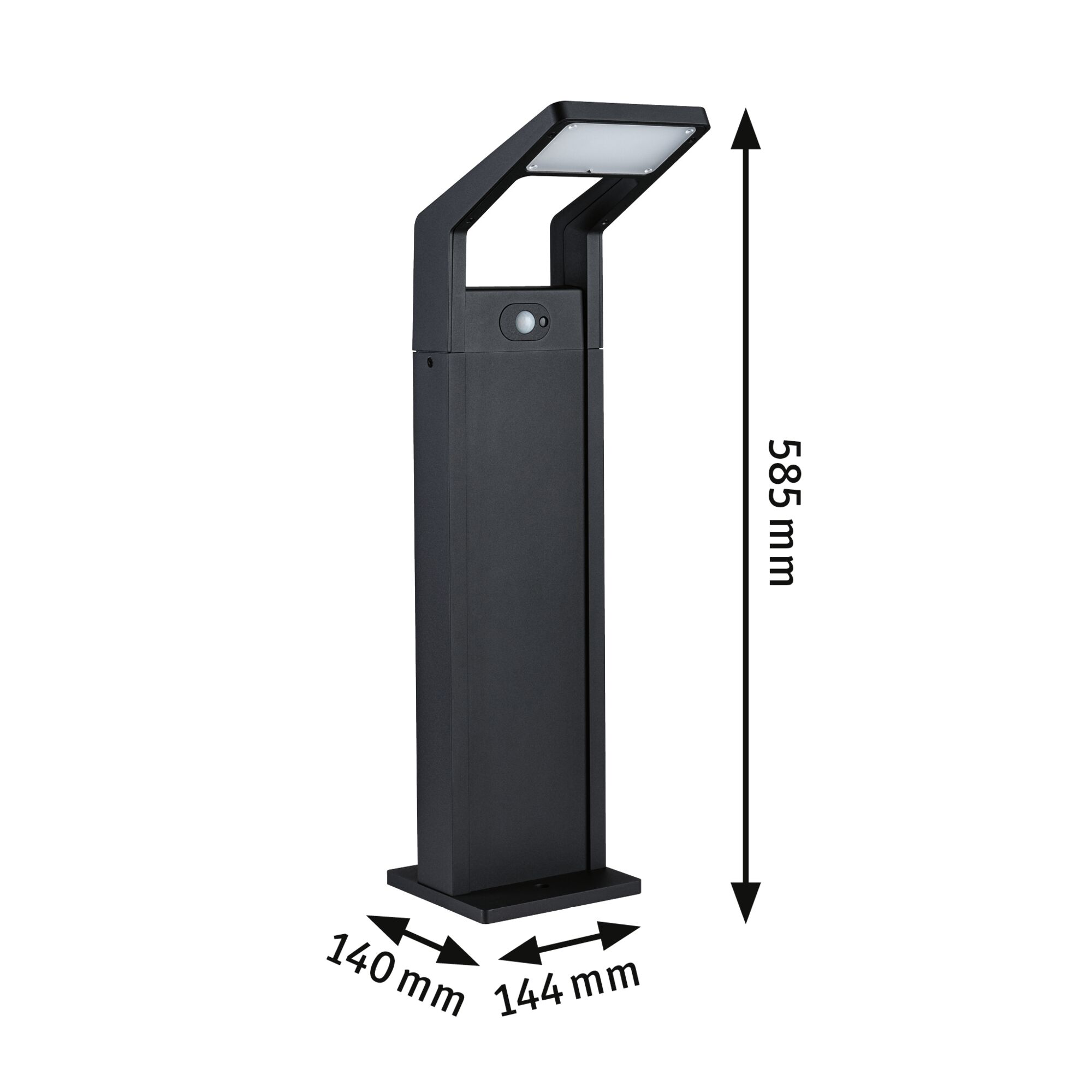 Zwarte metalen LED-buitenlamp met bewegingssensor, afmetingen 585x144x140 mm, moderne tuinverlichting