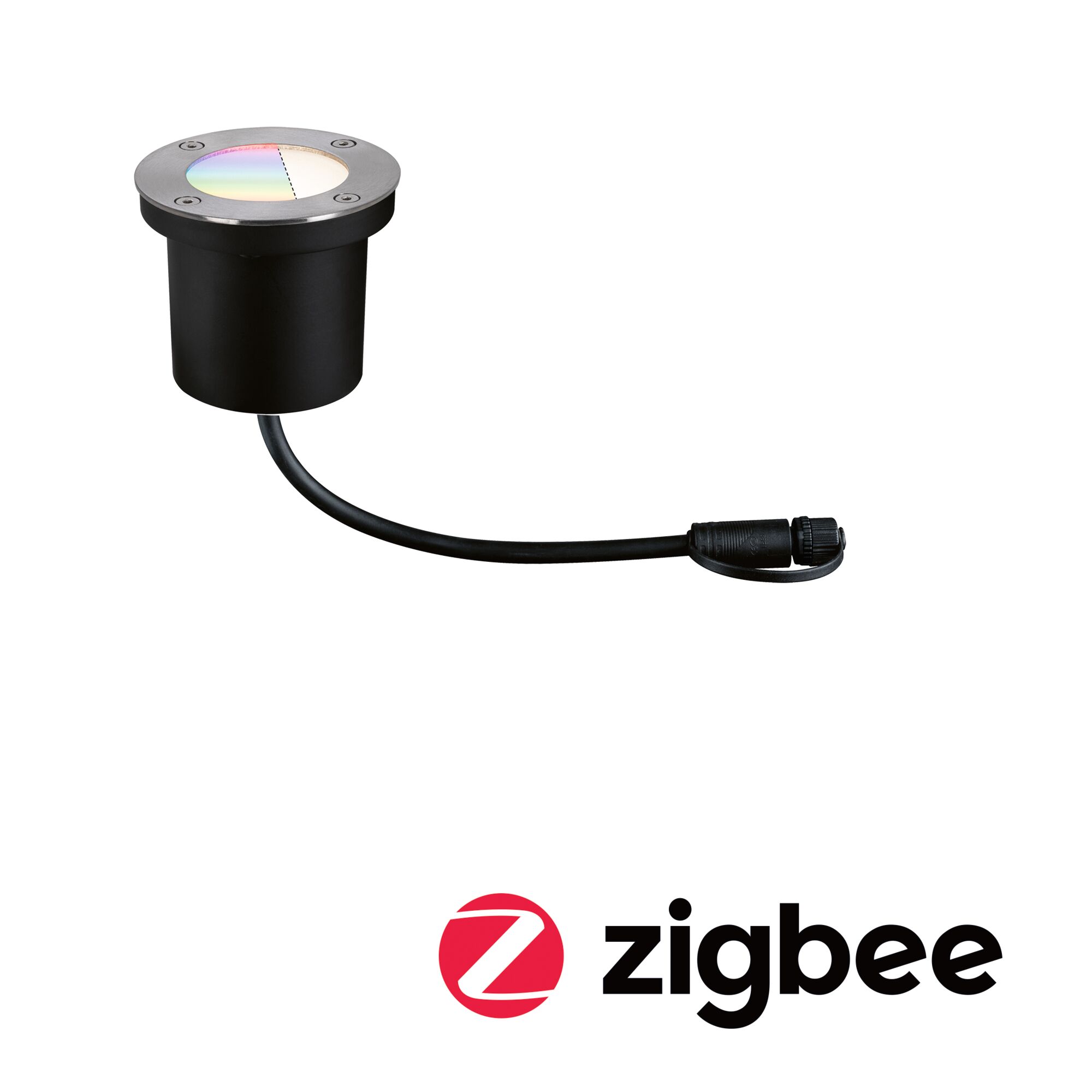 Plug & Shine Encastré de sol LED Smart Home Zigbee 3.0 RGBW Spot individuel IP67 RGBW+ 3,7W Argent Spot LED encastré noir avec bord en acier inoxydable et câble, adapté à l'éclairage extérieur et domotique