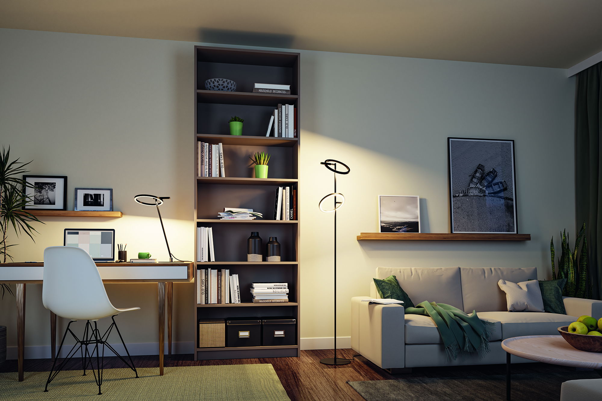 Modern living room with black LED floor lamp and warm white light for cozy ambient lighting