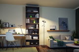 Modern living room with black LED floor lamp and warm white light for cozy ambient lighting