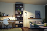 Modern living room with black LED floor lamp and warm white light for cozy ambient lighting