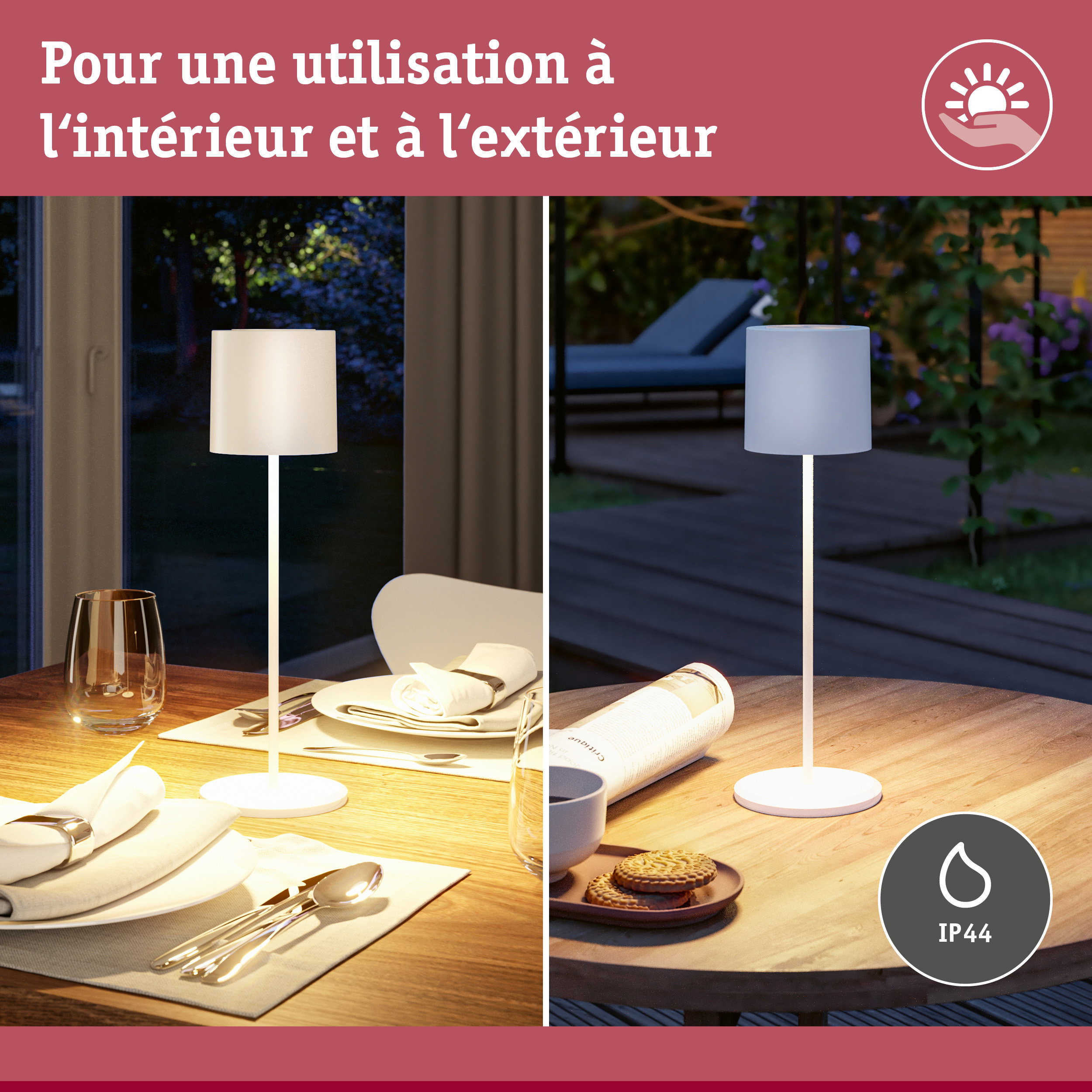 Lampe de table blanche IP44 pour usage intérieur et extérieur sur table en bois dressée