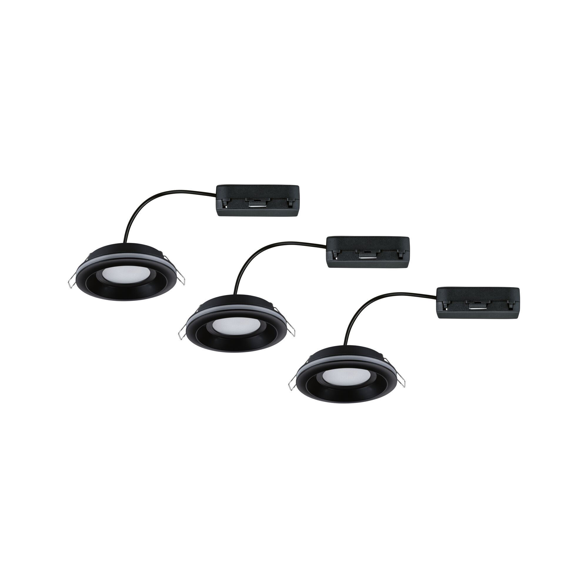 Drei schwarze LED-Einbaustrahler mit weißem Diffusor und Anschlusskabel für moderne Innenbeleuchtung