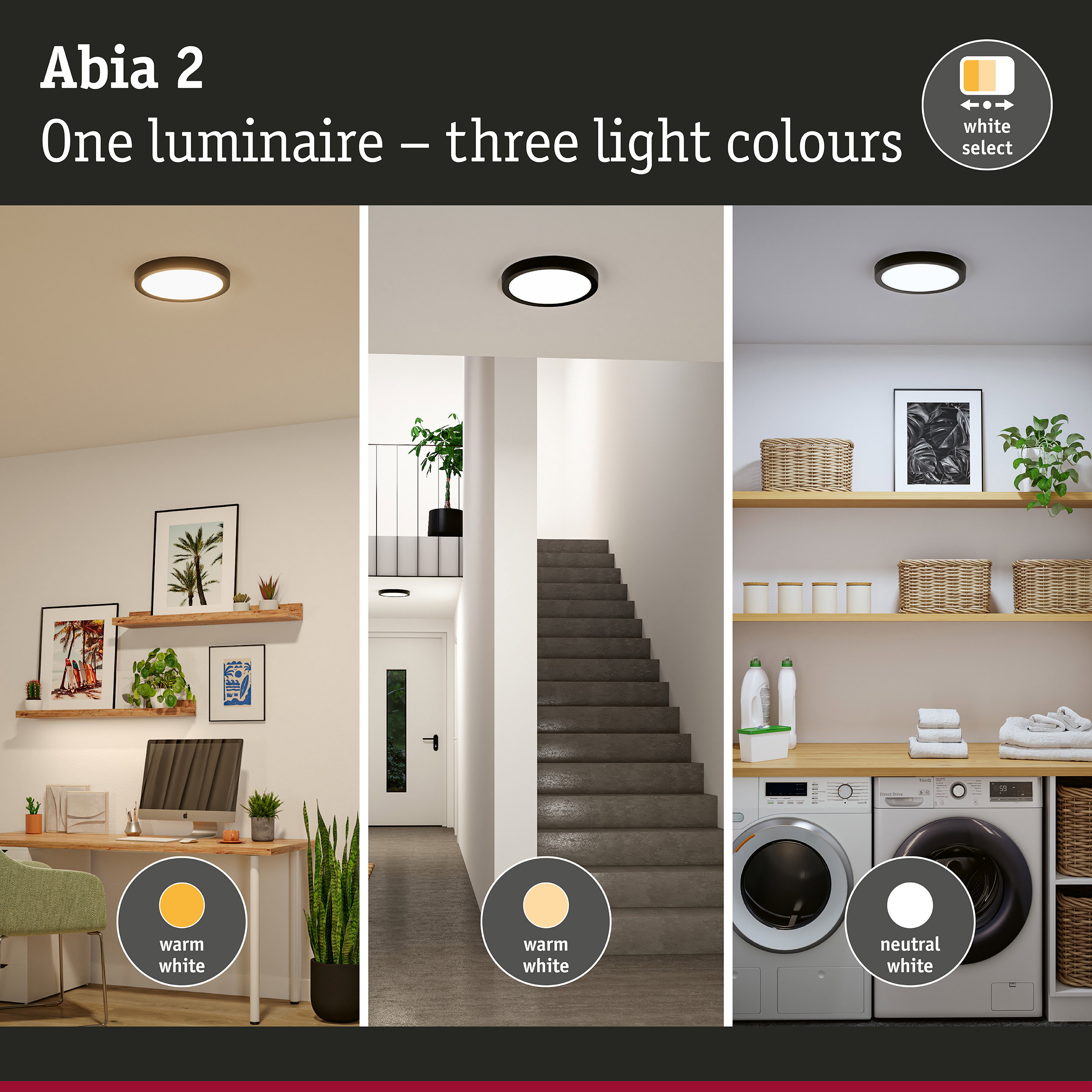 Abia 2 ceiling light with three selectable light colours warm white, neutral white, and daylight