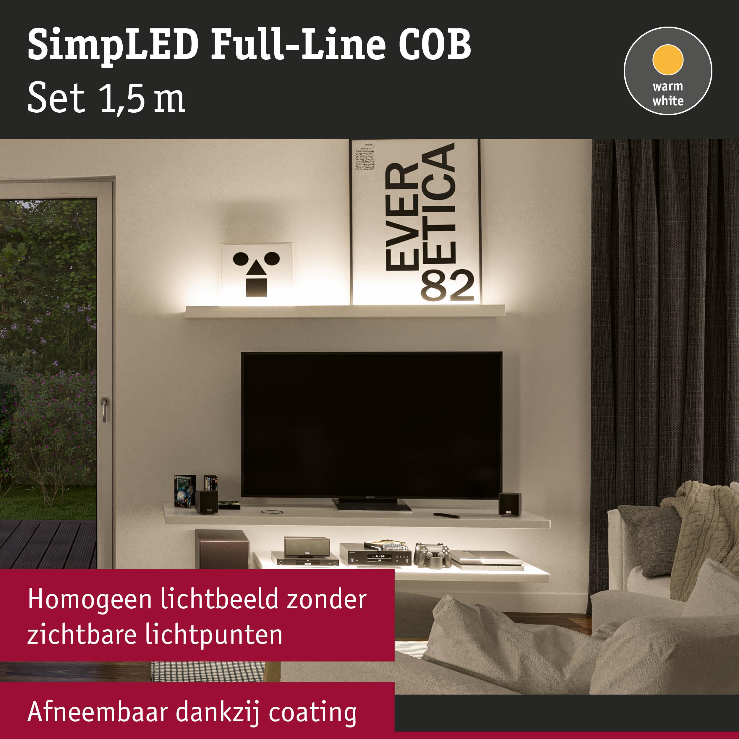 1,5 m warmwit LED-lichtstrip met gelijkmatige verlichting zonder zichtbare lichtpunten in woonkamer.