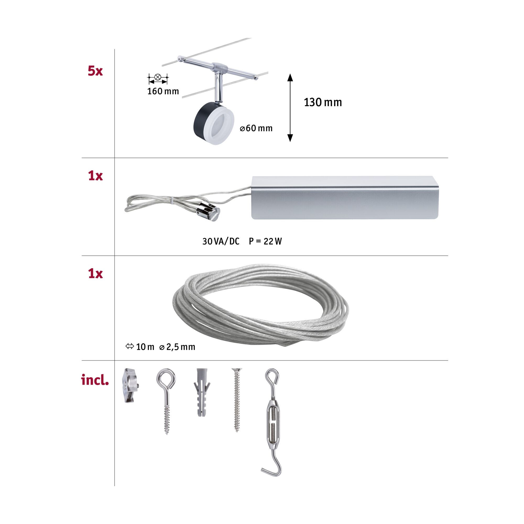 Set mit 5 schwarzen LED-Strahlern, 1 silbernem Trafo und 10m Stahlseil für Schienensystembeleuchtung