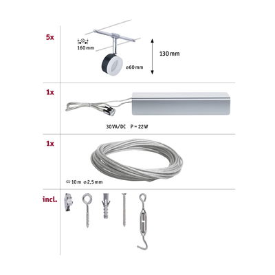 Set mit 5 schwarzen LED-Strahlern, 1 silbernem Trafo und 10m Stahlseil für Schienensystembeleuchtung