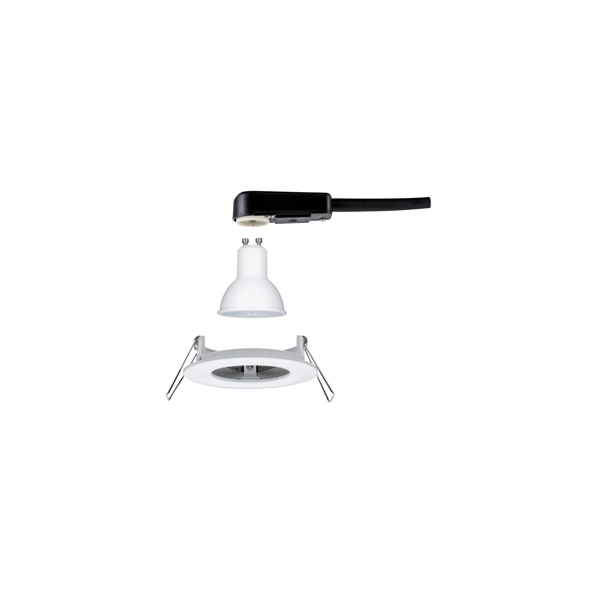 White recessed spotlight with GU10 LED bulb and black connector cable for energy-efficient lighting