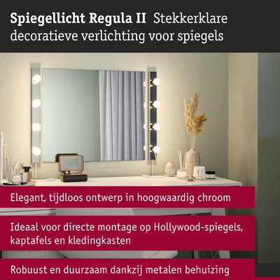 Spiegellicht Regula II in hoogwaardig chroom met robuuste metalen behuizing voor Hollywood-spiegels