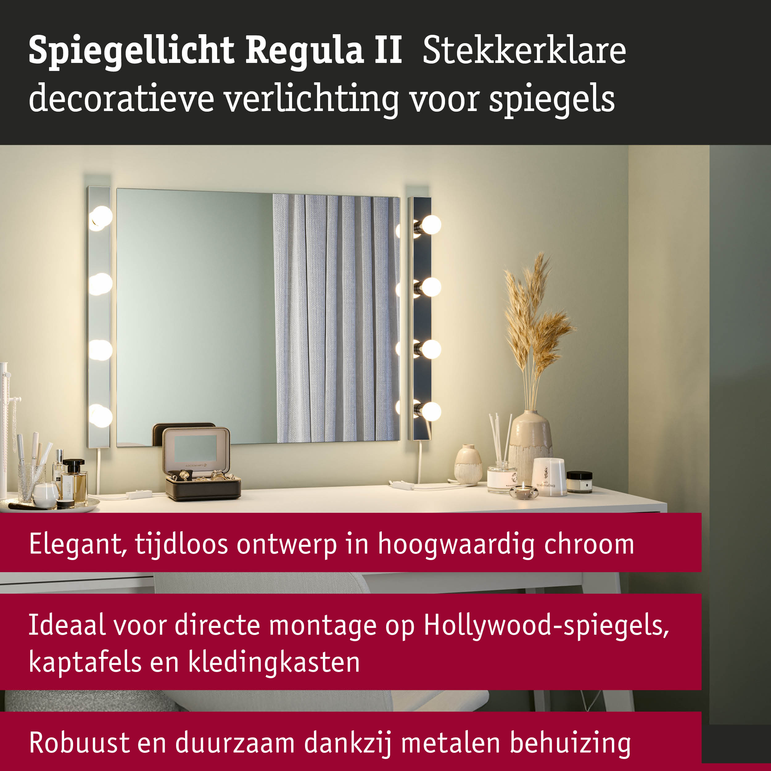 Spiegellicht Regula II in hoogwaardig chroom met robuuste metalen behuizing voor Hollywood-spiegels
