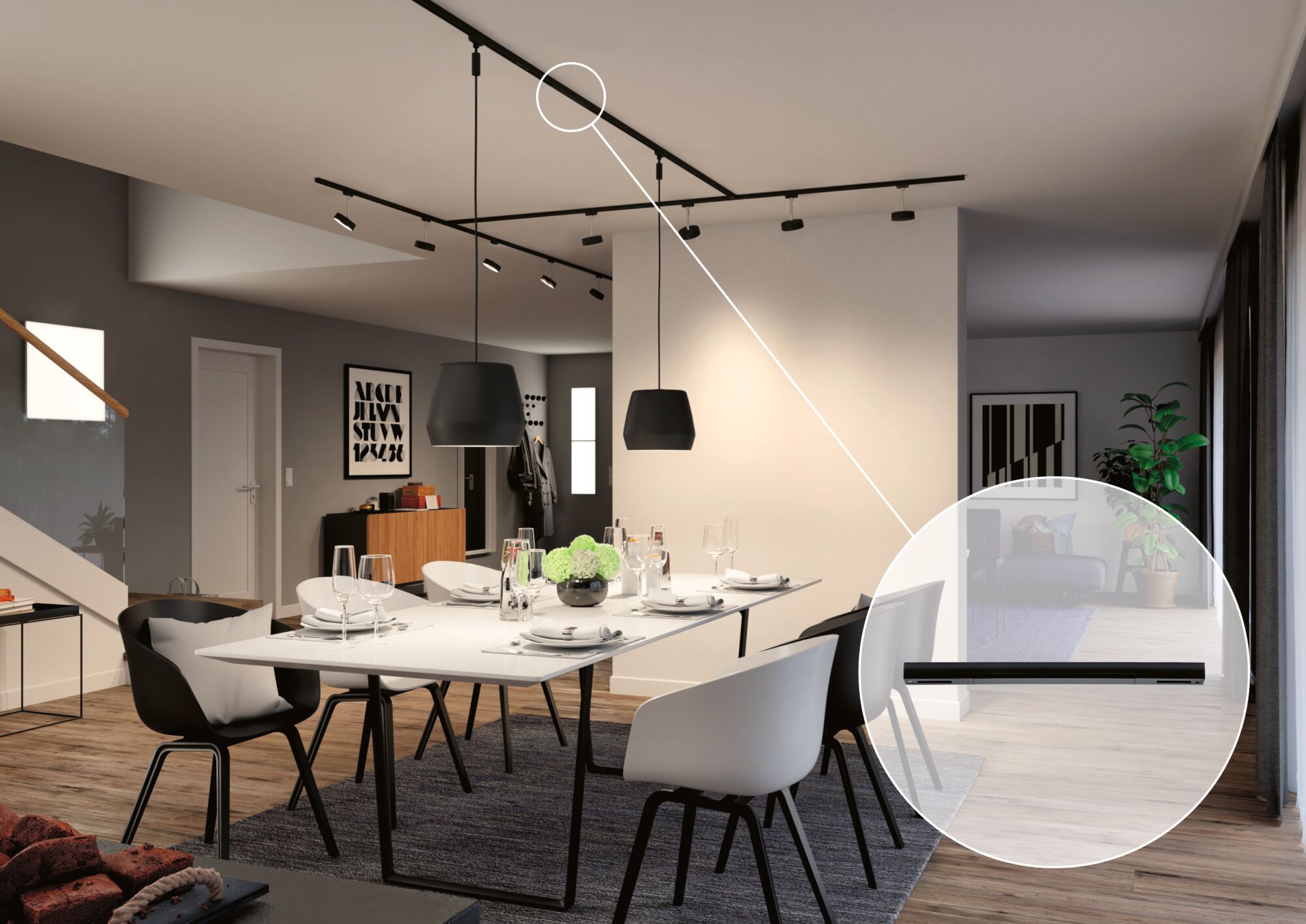 Modern dining area with black track lighting and LED spotlights in stylish living space with wooden floor.