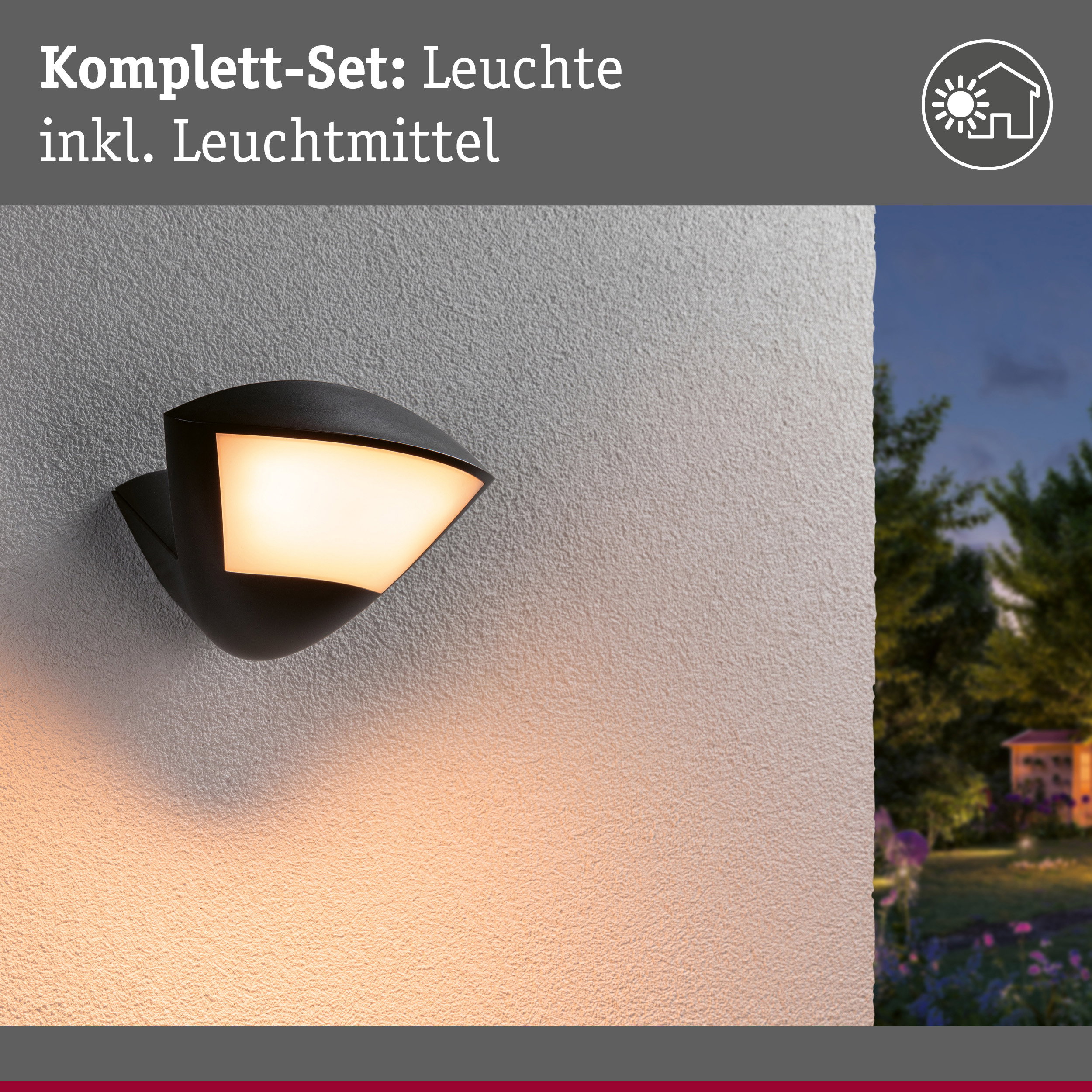 Schwarze Außenwandleuchte mit warmweißem Licht an weißer Wand, moderne Gartenbeleuchtung
