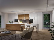 Modern white kitchen lighting with wood fronts and LED ceiling spotlights for stylish interior