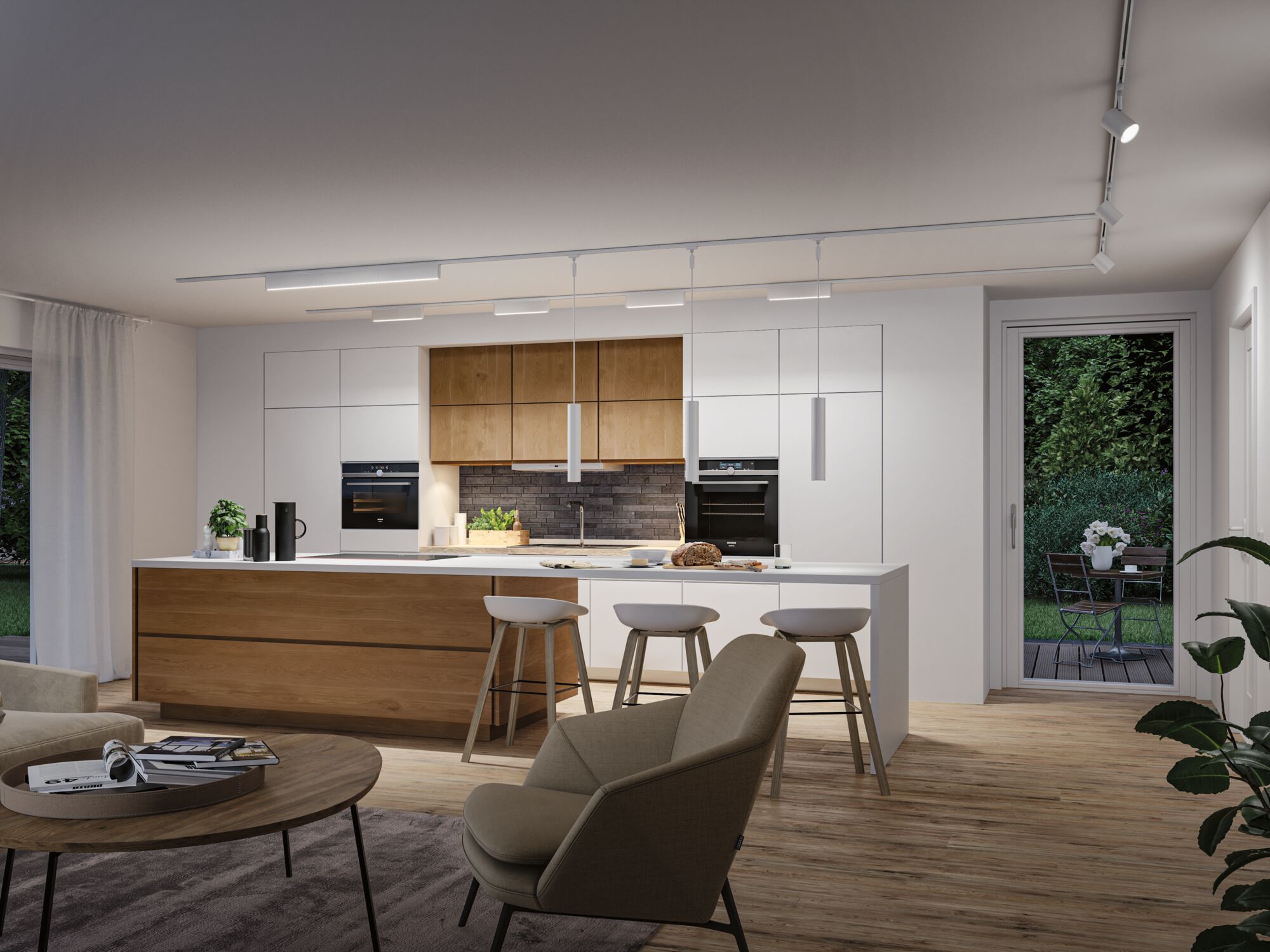 Modern white kitchen lighting with wood fronts and LED ceiling spotlights for stylish interior
