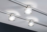 Three modern ceiling spotlights with glass and metal in white and silver for flexible room lighting
