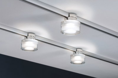 Three modern ceiling spotlights with glass and metal in white and silver for flexible room lighting