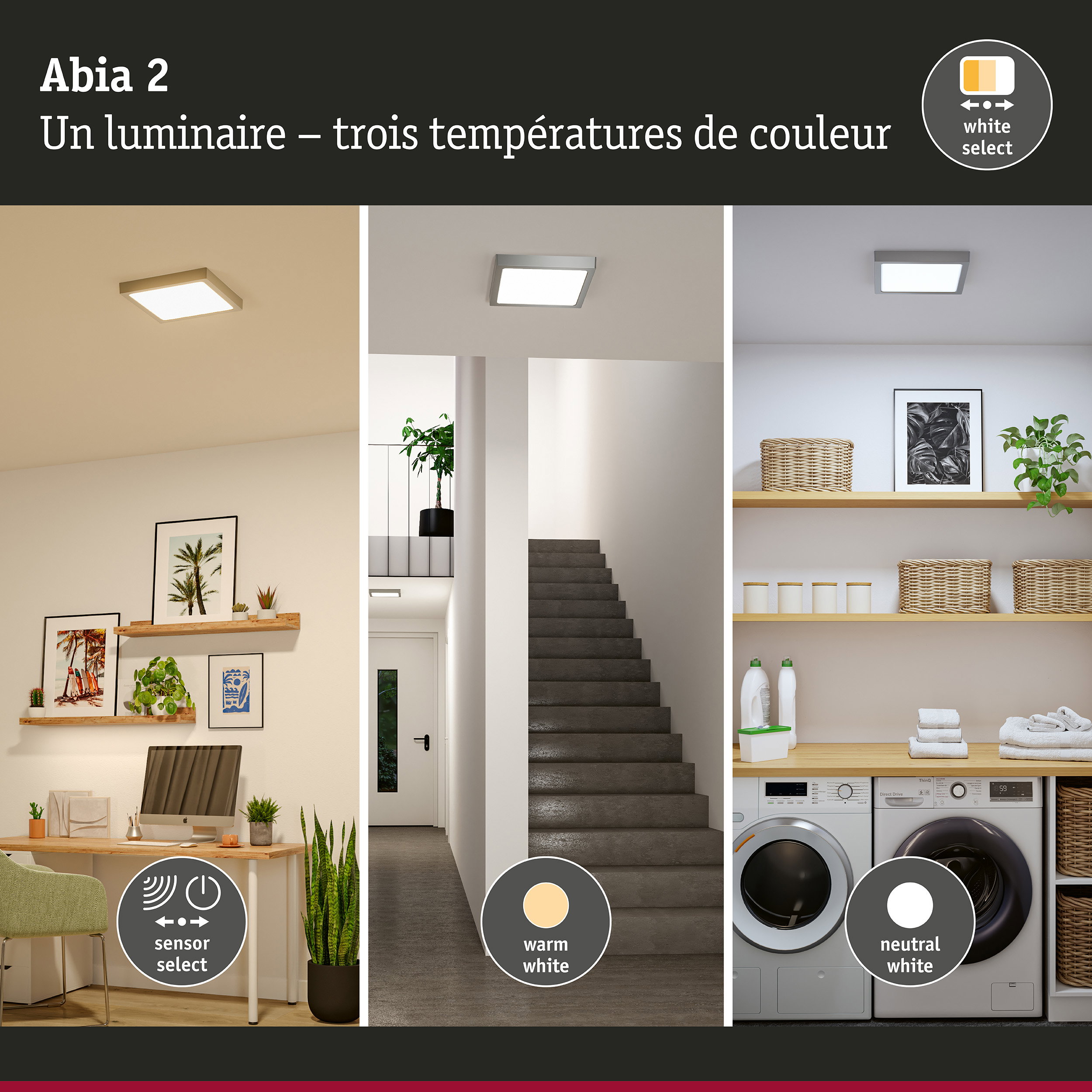Panneau LED Abia 2 White Select Détecteur de mouvement crépusculaire (HF) carré 300x300mm 14W 900lm White Select Chrome mat