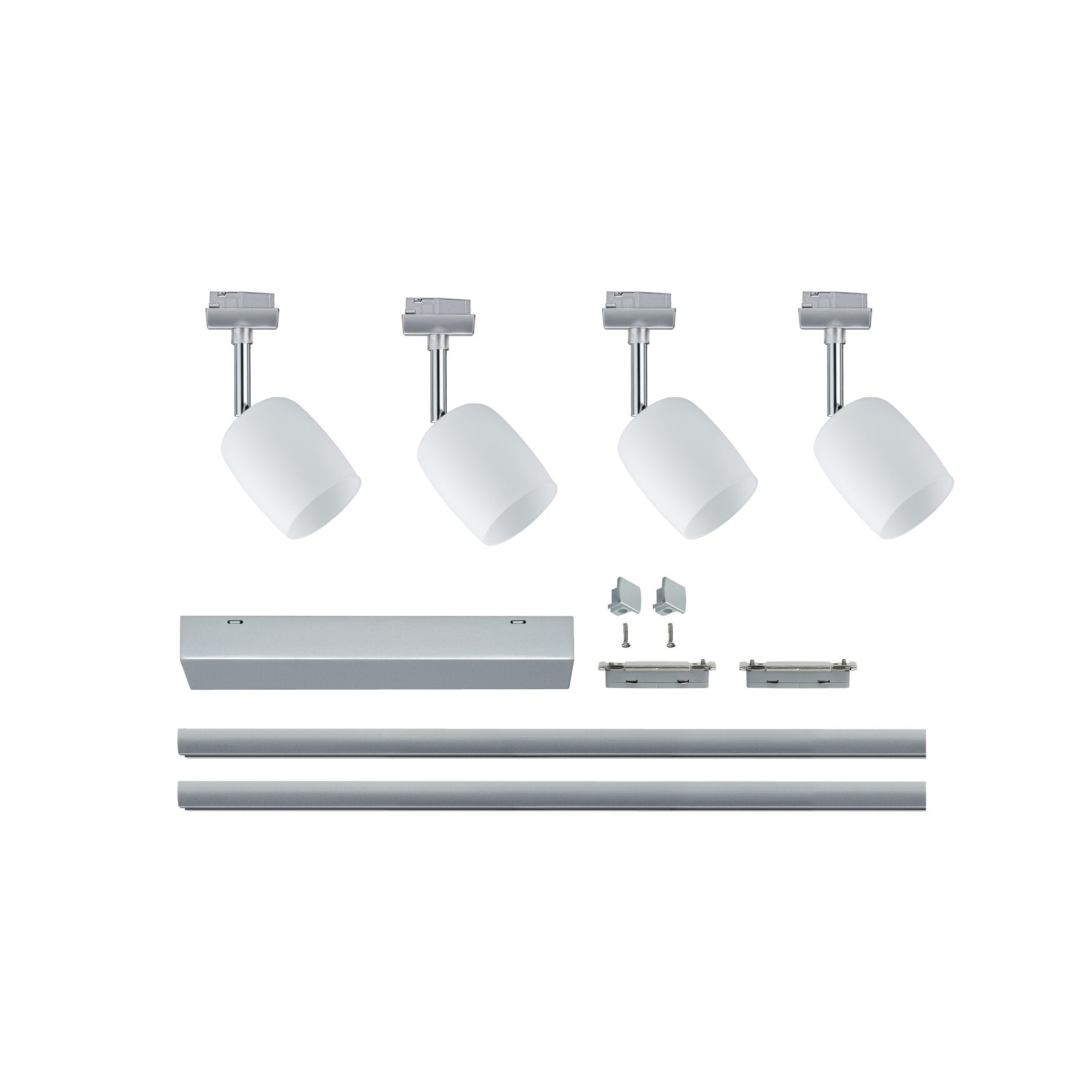 Four white LED spotlights with silver rails and mounting accessories for modern track lighting.