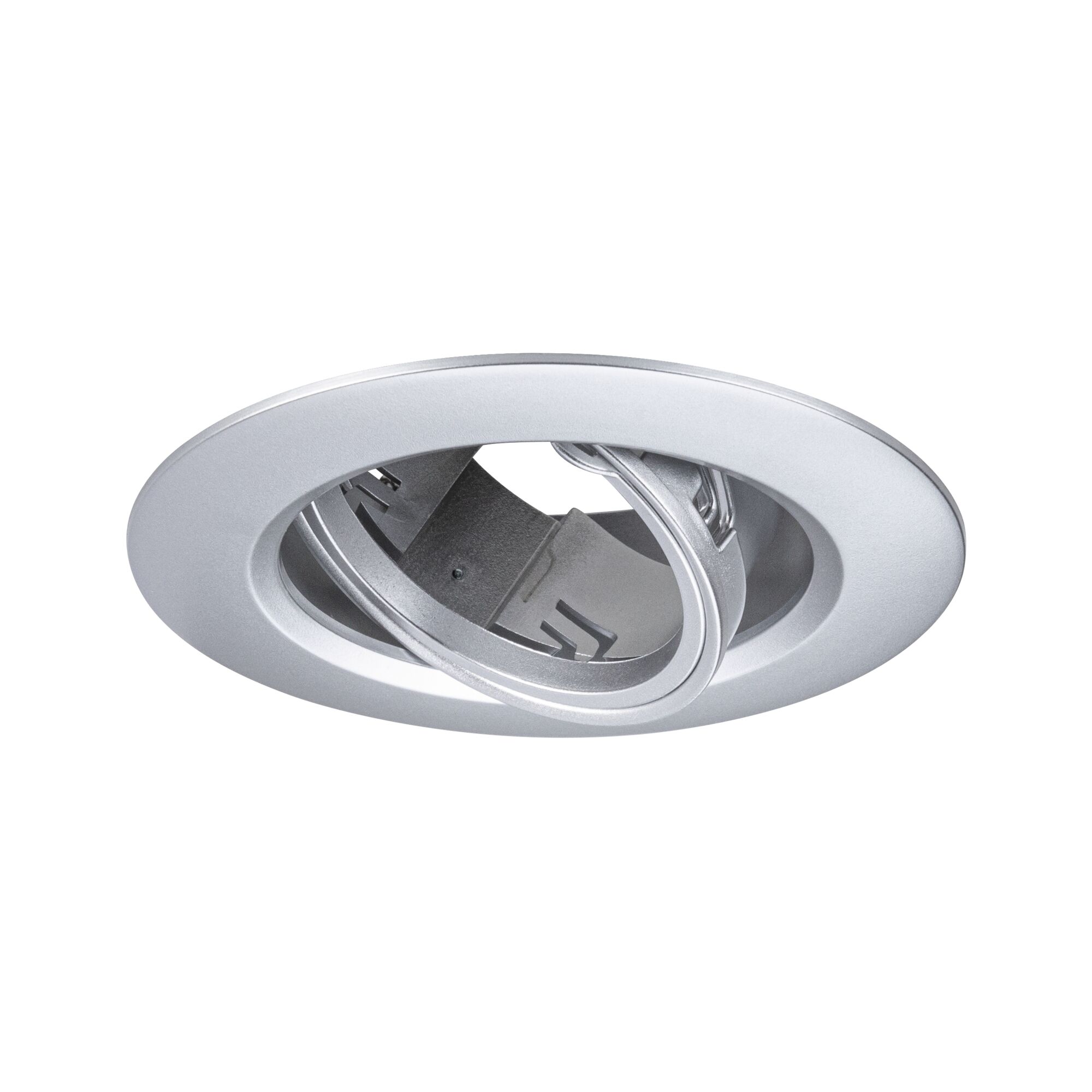 Runder Einbaustrahler aus silbernem Metall mit schwenkbarem Innenring für flexible LED-Beleuchtung