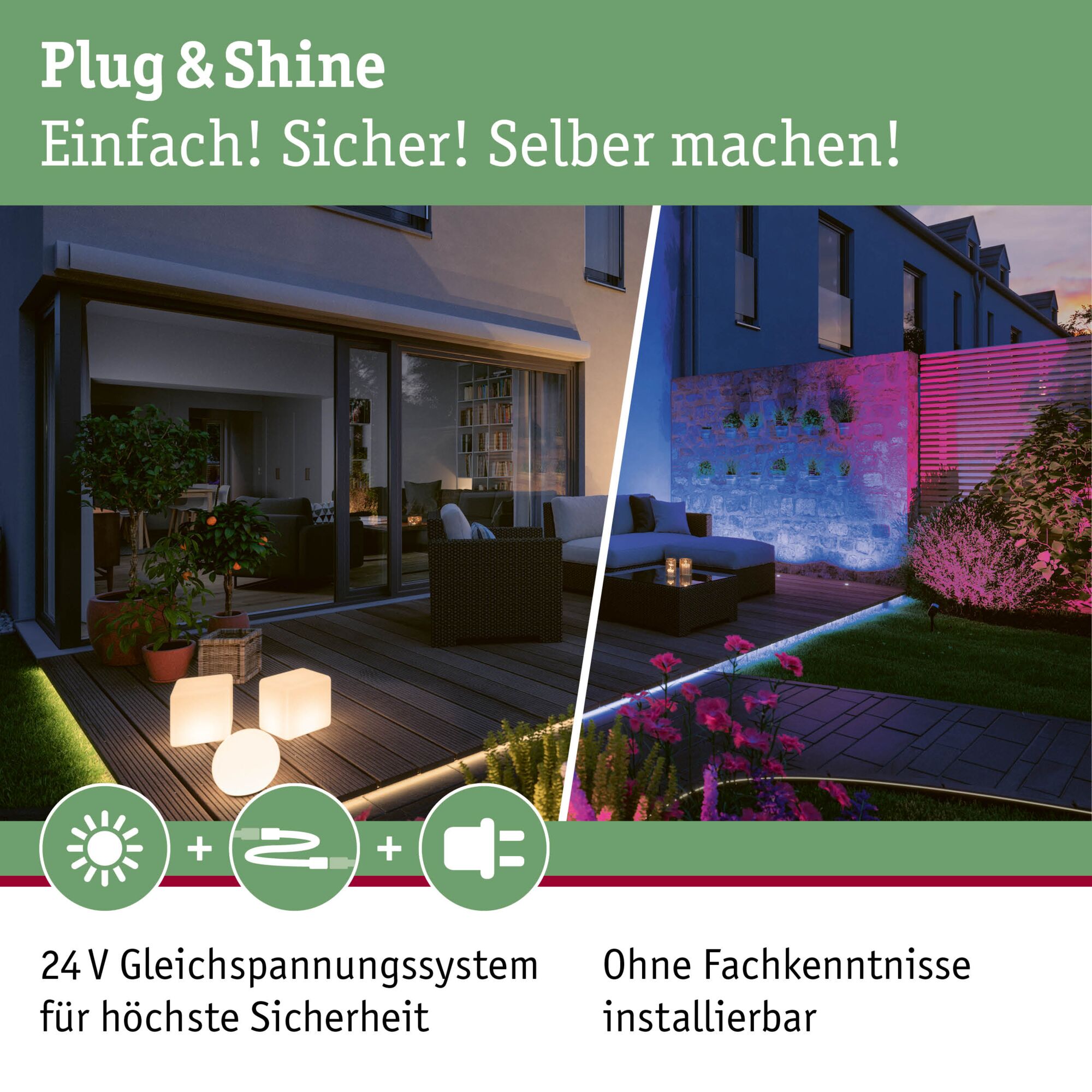 Plug & Shine LED-Beleuchtungssystem mit 24V für sichere, einfache Garten- und Terrassenbeleuchtung ohne Fachkenntnisse.