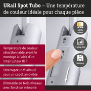 Spot URail Tubo argenté avec température de couleur réglable et fonction mémoire de gradation en 3 étapes