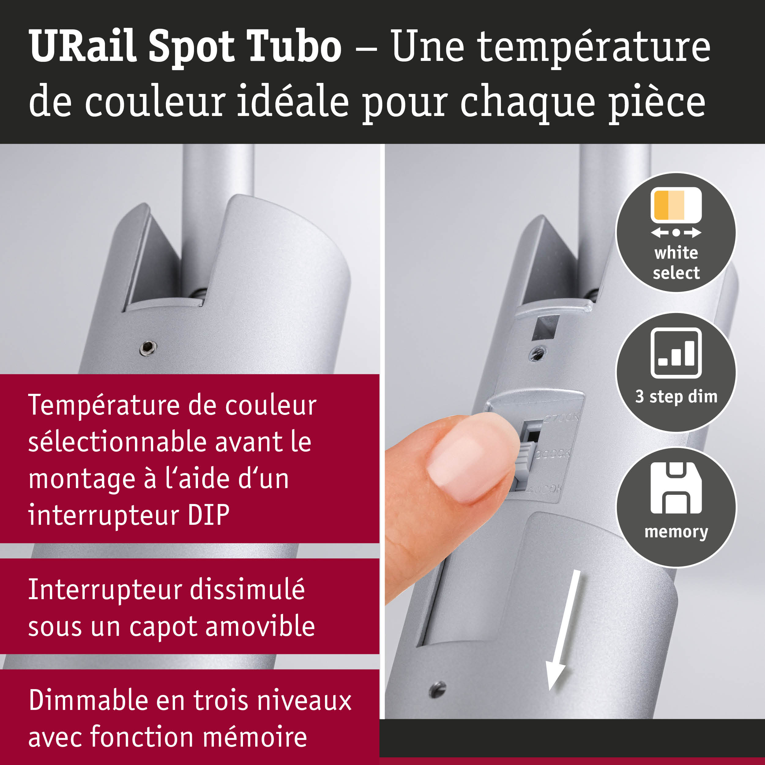 Spot URail Tubo argenté avec température de couleur réglable et fonction mémoire de gradation en 3 étapes