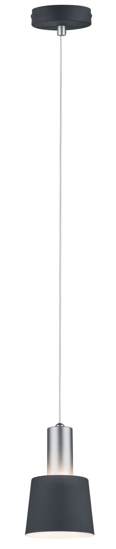 Moderne hanglamp met zwarte stoffen kap en zilveren metalen deel voor stijlvolle verlichting