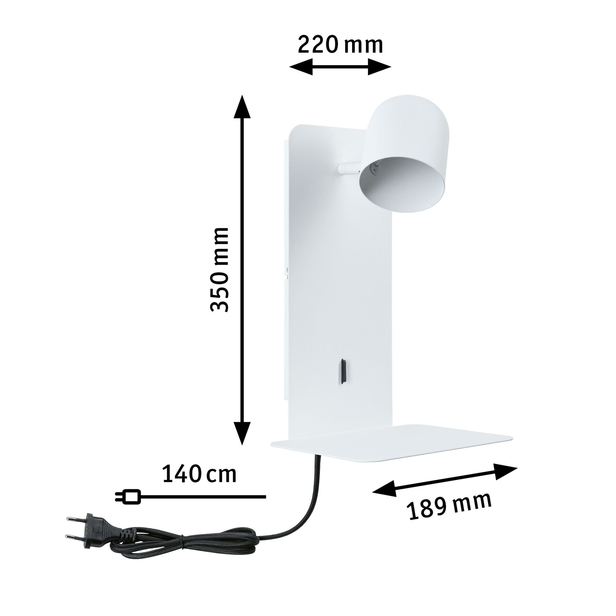 White metal wall lamp with shelf and 140 cm black cable, dimensions 350x220x189 mm