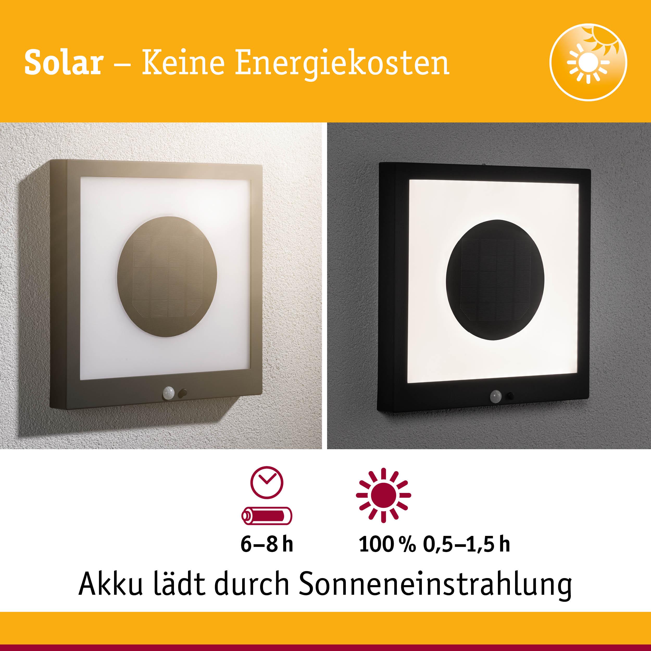 Solarbetriebene Wandlampe in Schwarz und Grau mit integriertem Akku und Bewegungsmelder für Außenbereiche