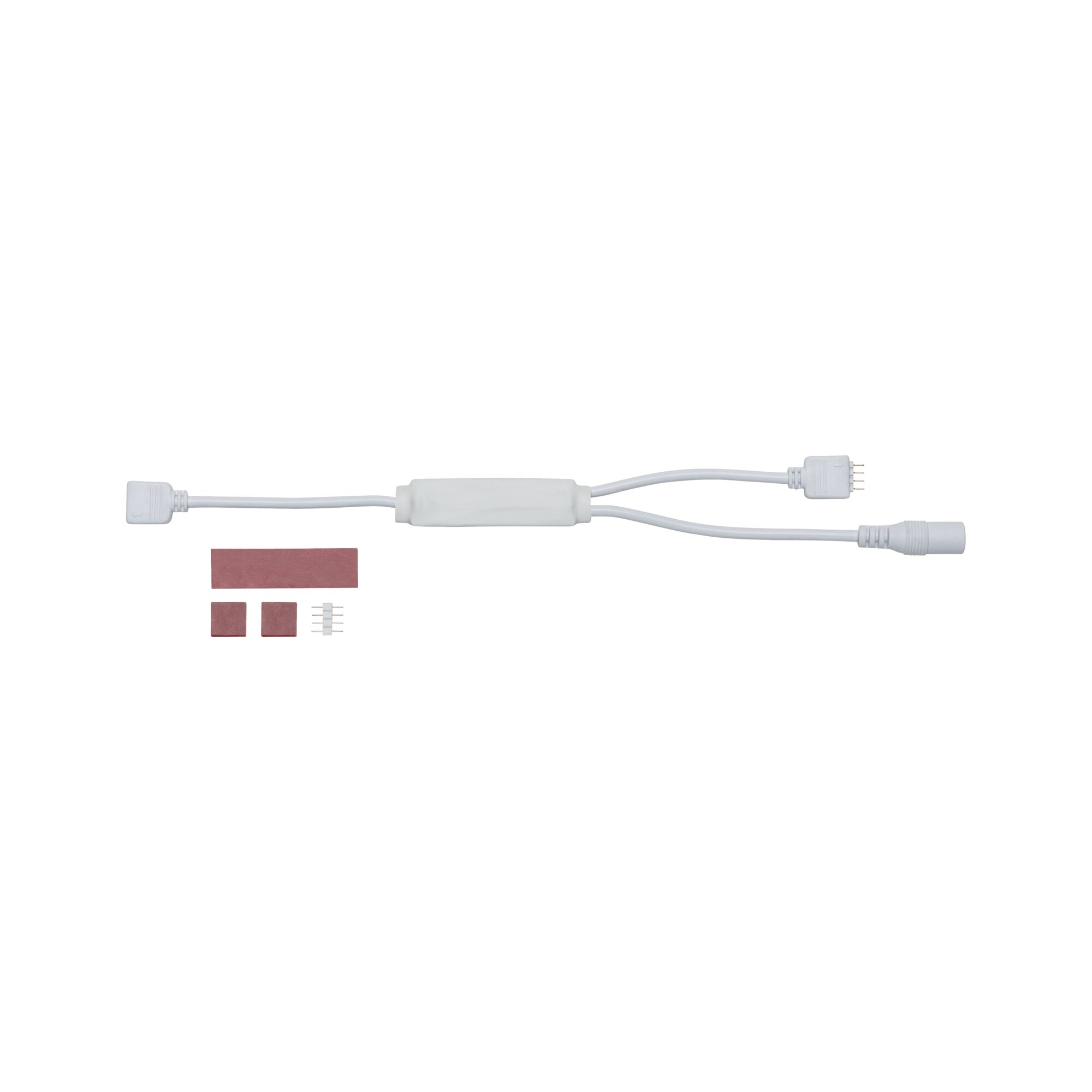 White LED connector cable with adapter and adhesive pads for flexible indoor lighting setups