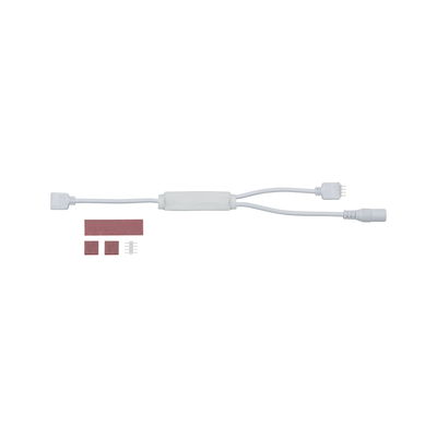 White LED connector cable with adapter and adhesive pads for flexible indoor lighting setups