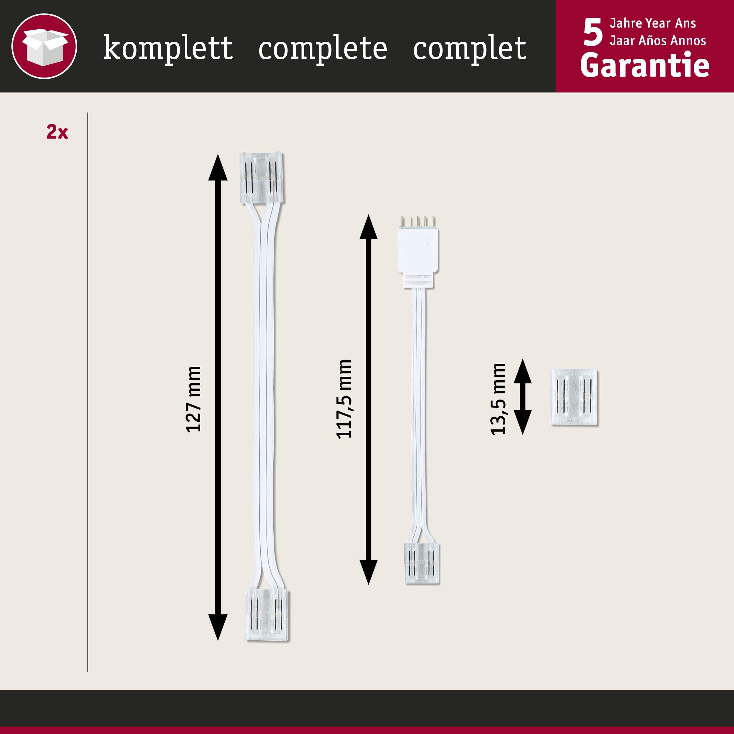 Komplettes Set mit weißen LED-Verbindungskabeln in verschiedenen Längen für Lichtinstallationen