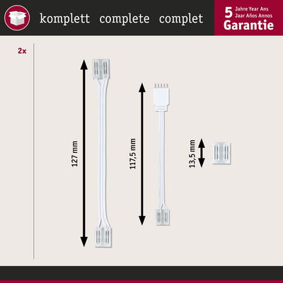 Komplettes Set mit weißen LED-Verbindungskabeln in verschiedenen Längen für Lichtinstallationen