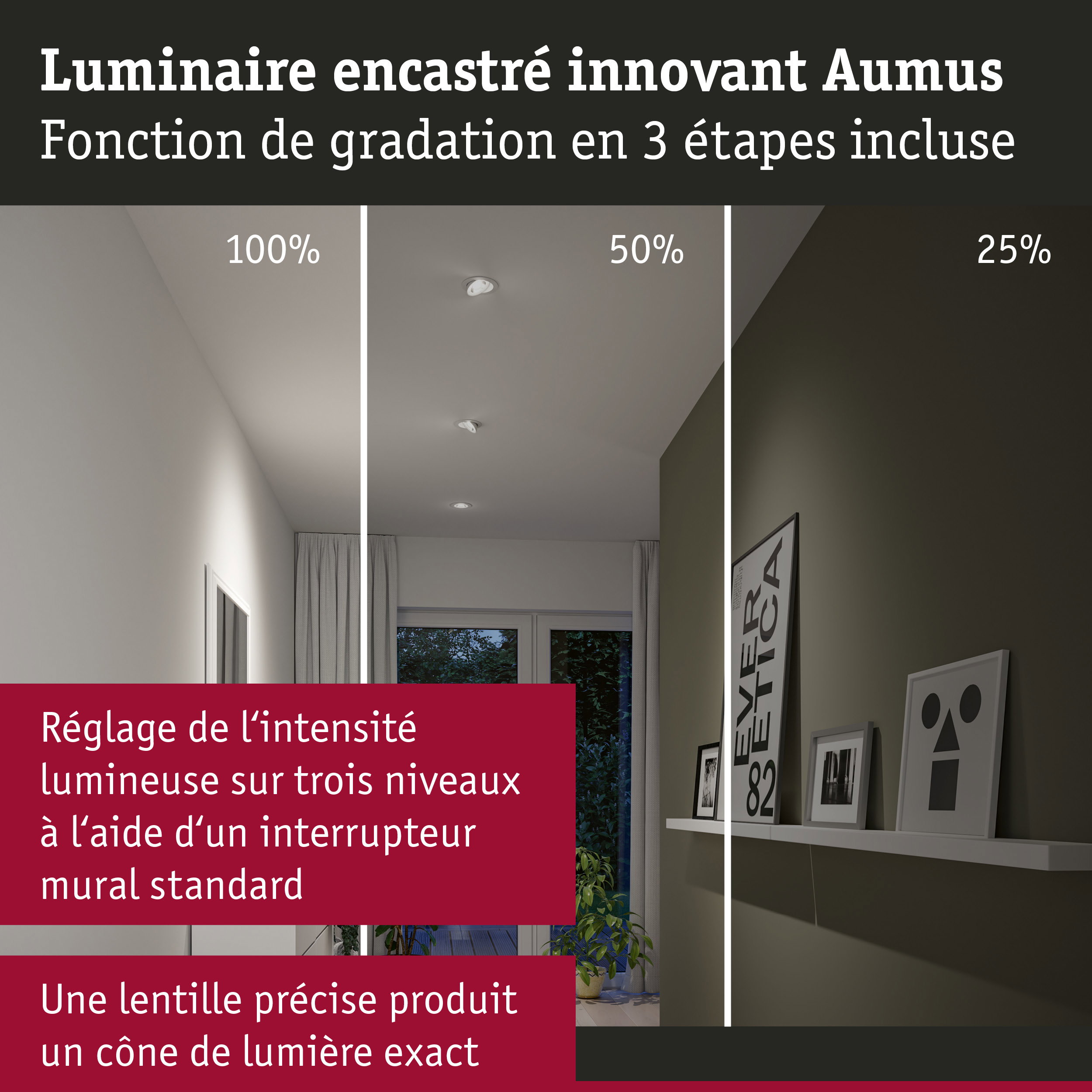 Luminaire encastré innovant Aumus avec fonction de gradation en 3 étapes montrant différents niveaux de lumière
