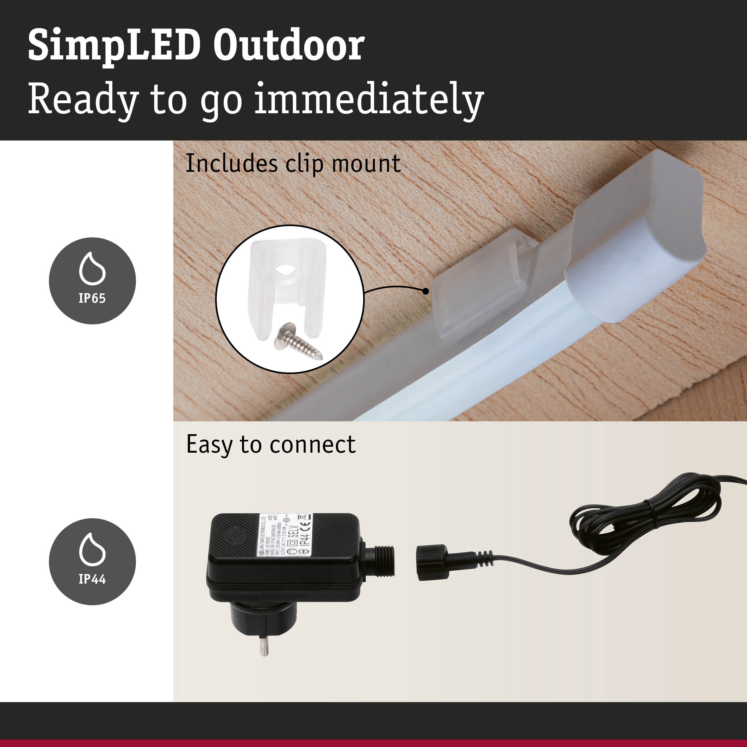 White outdoor LED light with clip mount and black power adapter, IP65 rated for weather resistance