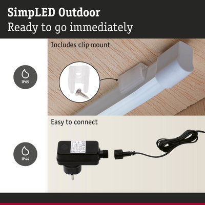 White outdoor LED light with clip mount and black power adapter, IP65 rated for weather resistance