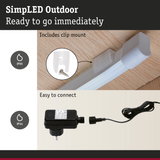 White outdoor LED light with clip mount and black power adapter, IP65 rated for weather resistance