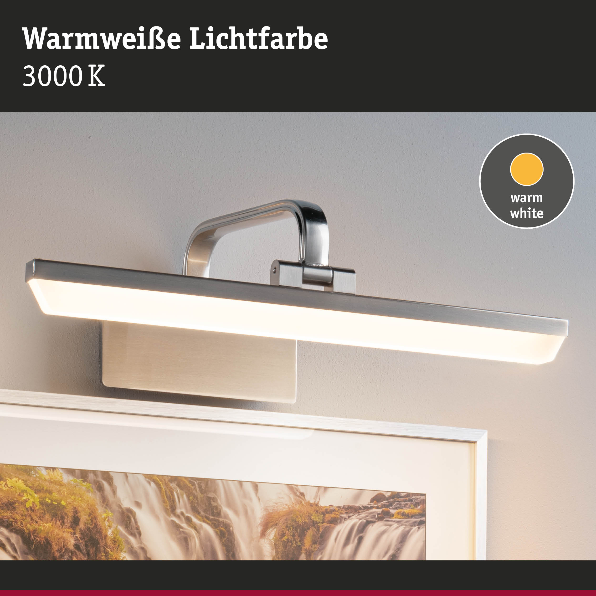 Moderne LED-Bildleuchte aus Metall in Silber mit warmweißer Lichtfarbe 3000K für Wandbilder