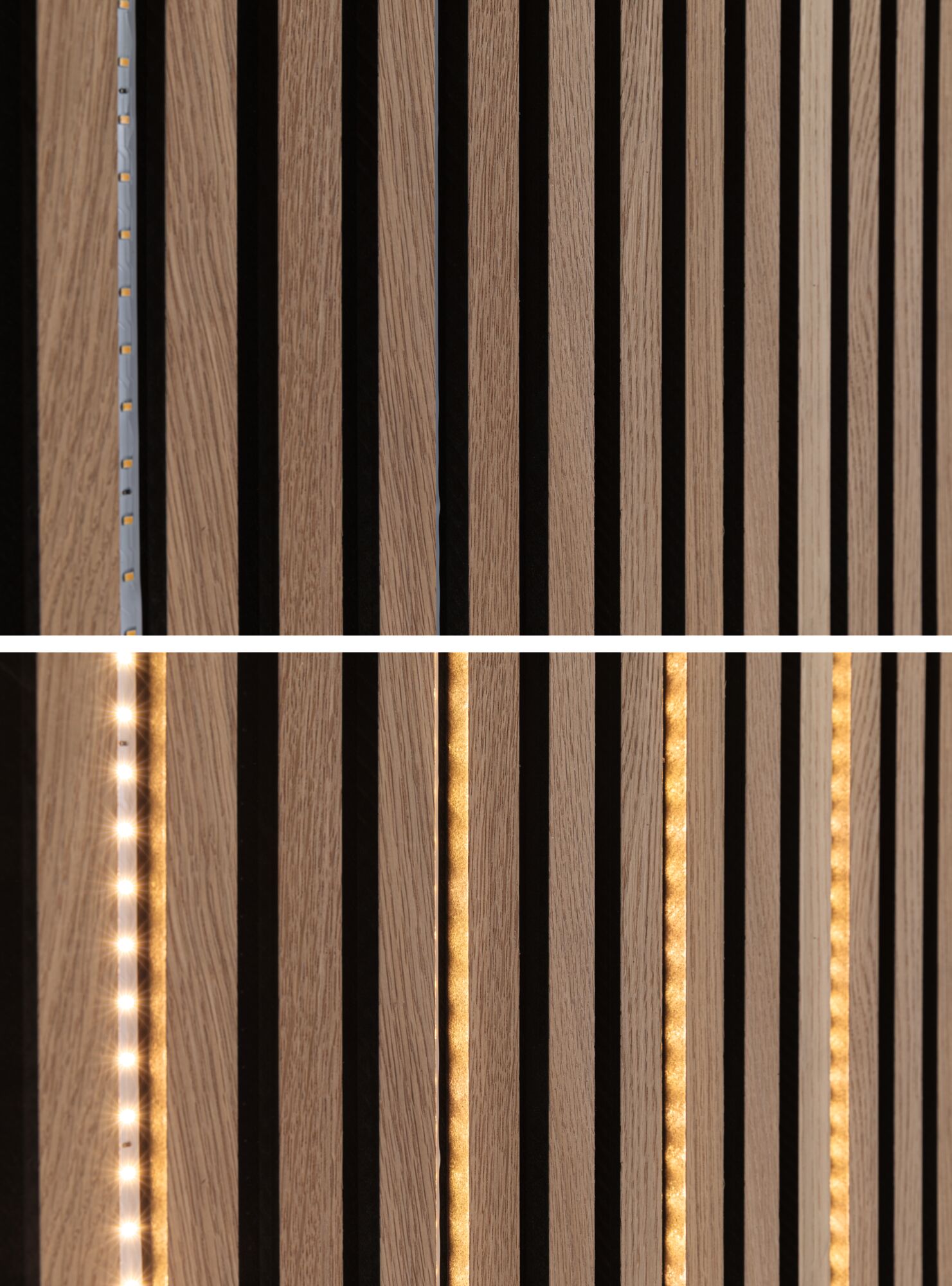 Holzlamellen mit integrierter LED-Beleuchtung in warmweiß für moderne Wandgestaltung und indirektes Licht