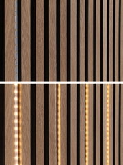 Holzlamellen mit integrierter LED-Beleuchtung in warmweiß für moderne Wandgestaltung und indirektes Licht