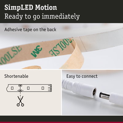 LED motion light with adhesive tape, cuttable strip and easy connector for versatile lighting solutions