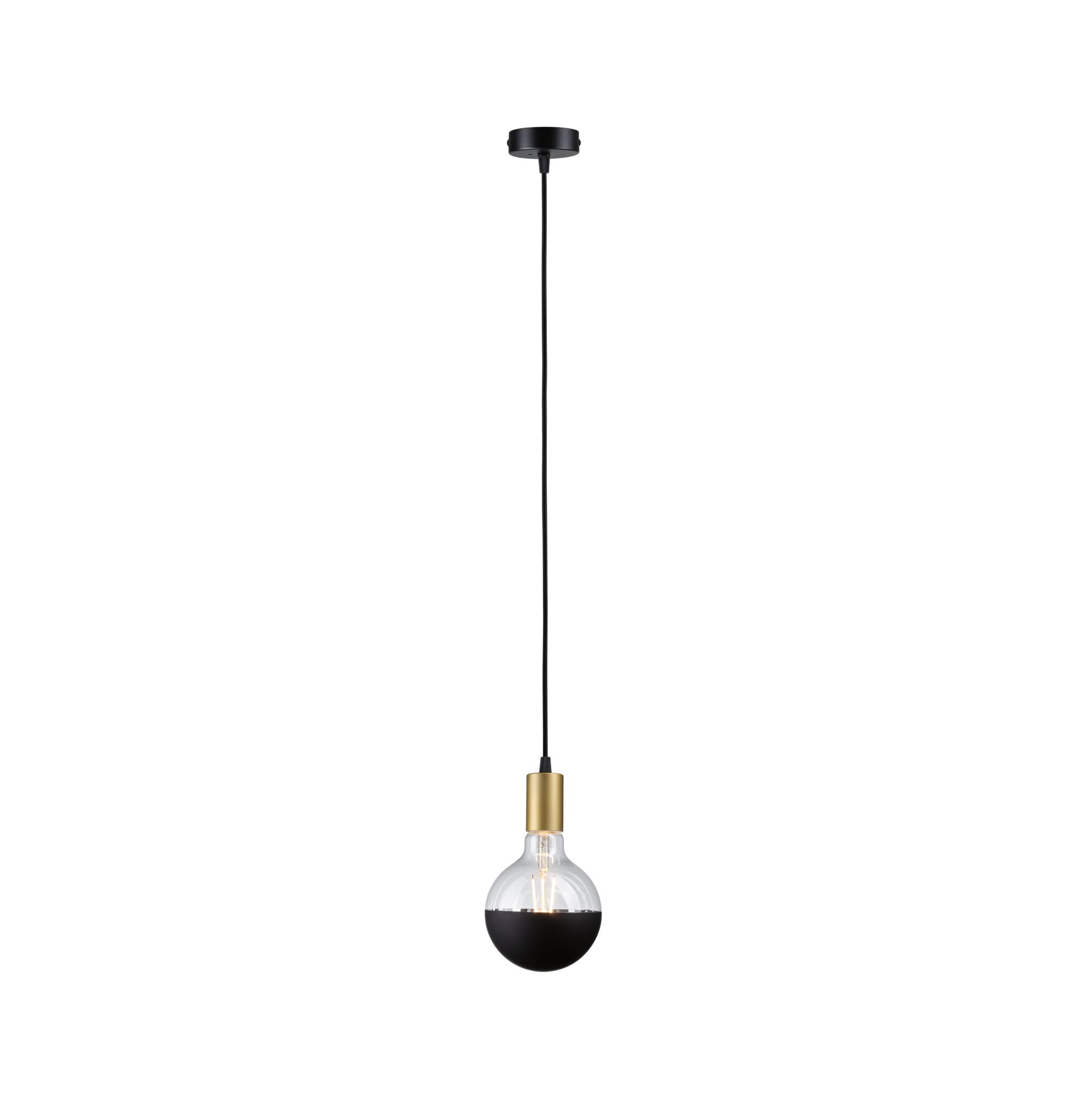 Modern pendant light with black cord, gold socket ring and half black glass bulb for stylish lighting