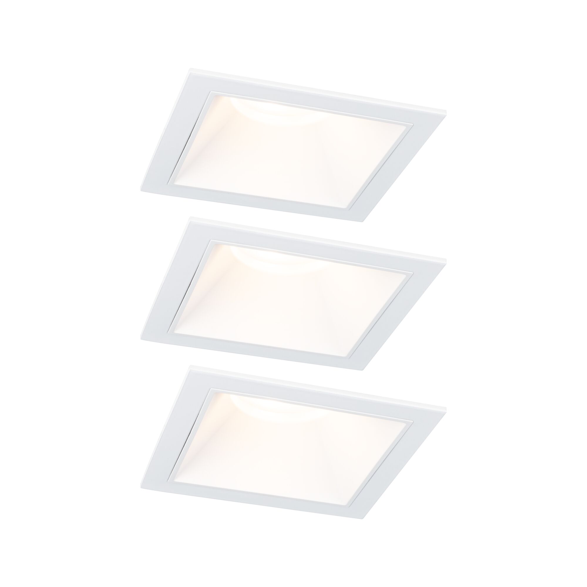 Three white square LED recessed lights with matte frame for modern indoor lighting solutions