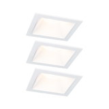 Three white square LED recessed lights with matte frame for modern indoor lighting solutions