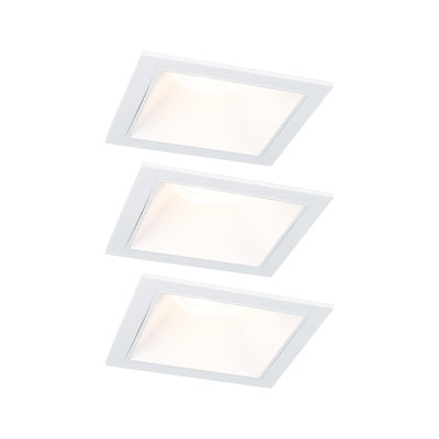 Three white square LED recessed lights with matte frame for modern indoor lighting solutions